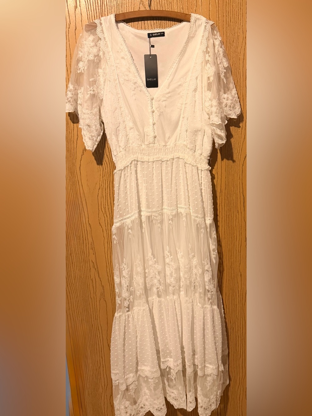 Selby White Lace Maxi Dress with V-Neck and Tiered Skirt